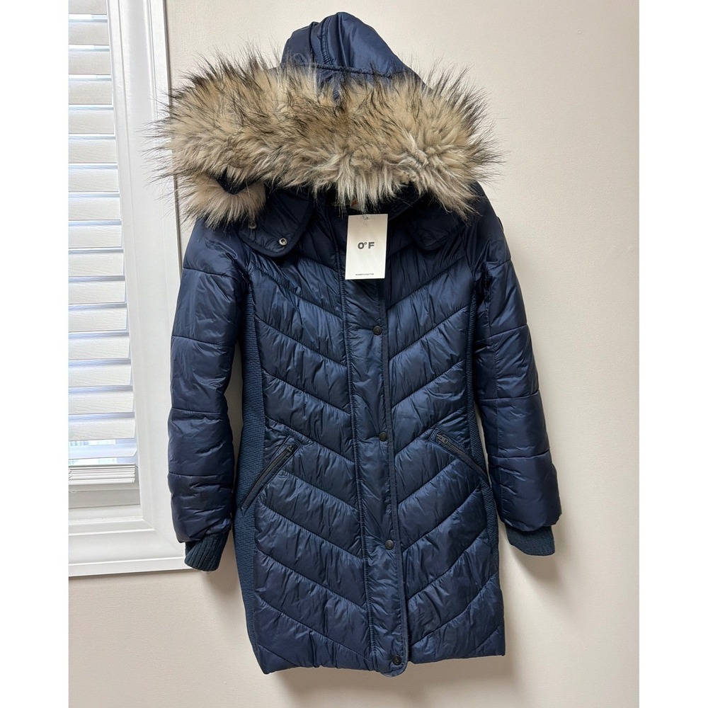 NWT Abercrombie Ultra Puffer Jacket Navy‎ Faux Fur Hood Womens S Winter Coat